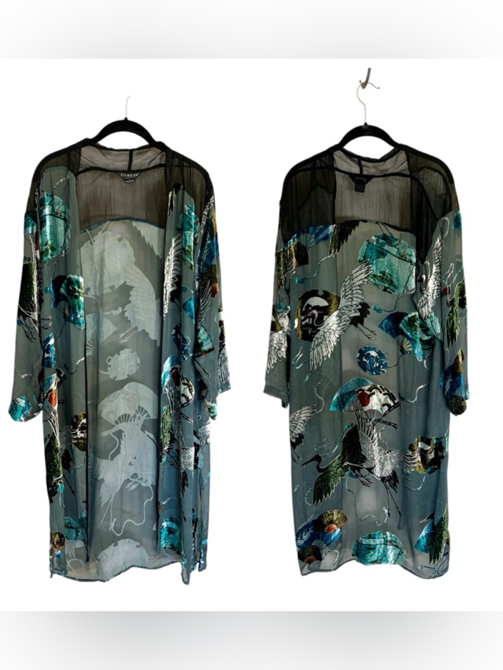 Vintage Citron silk blend sheer velvet burnout crane fan kimono Asian inspired L